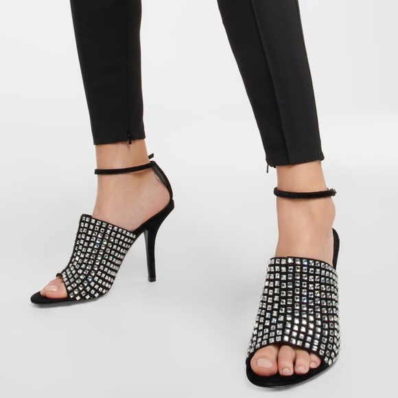 BURBERRY sandals rhinestone black silver EU 39 heels velvet Ivy ankle strap new - Picture 1 of 16